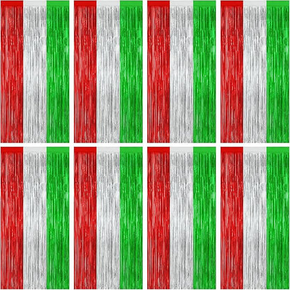 8 Pack Christmas Photo Backdrop, 3.28 FT x 7.05 FT Red Silver Green Party Streamer, Metallic Foil Fringe Curtains Tinsel Backdrop, Christmas Photo Booth Props Door Decor Party Supplies