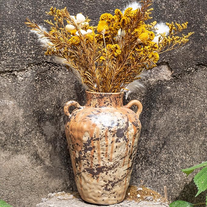 8IN Rustic Farmhouse Ceramic Vase Home Decor, Vintage Stoneware Clay Pottery Terracotta Textured for Modern Farmhouse, Living Room, Office Desk Table Shelf (Gray Black)