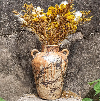 8IN Rustic Farmhouse Ceramic Vase Home Decor, Vintage Stoneware Clay Pottery Terracotta Textured for Modern Farmhouse, Living Room, Office Desk Table Shelf (Gray Black)