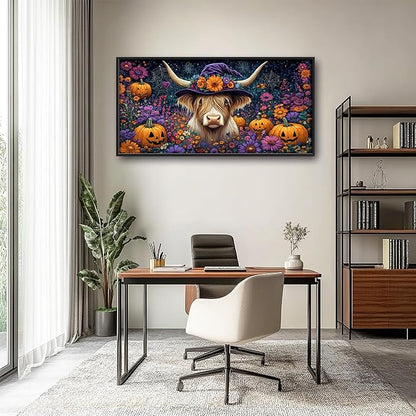Highland Cow with Halloween Large Decor Wall Art Framed Pictures for Living Room, Pumpkins Oversized Canvas Print Painting Modern Extra Large Framed Artwork for Bedroom Office Home Decor 60"x30"