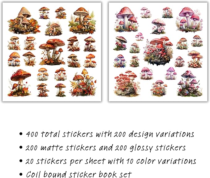 XERE 400 Pcs Mushrooms Flora and Fauna Scrapbook Stickers Set for Scrapbooking and Journaling Notebooks, Junk Journal Supplies, Sketchbook, Bookmark Making, Planner Sticker