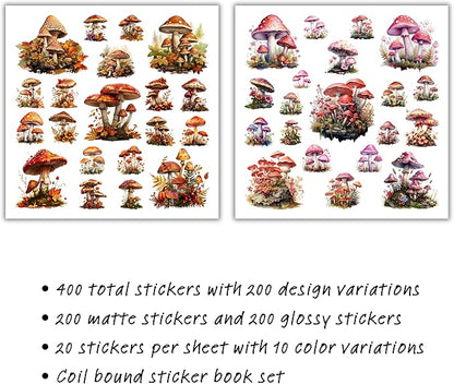 XERE 400 Pcs Mushrooms Flora and Fauna Scrapbook Stickers Set for Scrapbooking and Journaling Notebooks, Junk Journal Supplies, Sketchbook, Bookmark Making, Planner Sticker