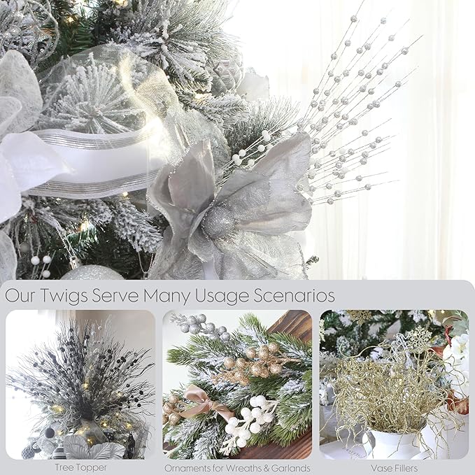 Sea Team 24-Pack Artificial Glitter Berry Stem Ornaments, Decorative Bead Sticks, Glittery Twigs, Picks, Branches for Christmas Tree, Small Vase, Holiday, Wedding, Party (17 Inches, Silver)