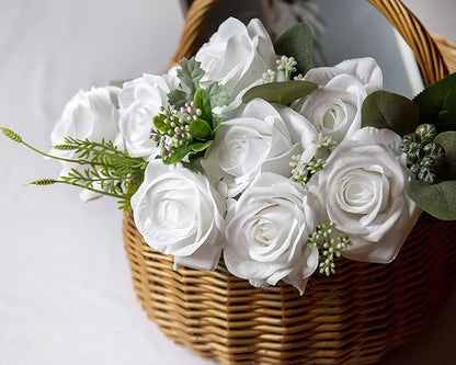 DuHouse 10pcs Fake Roses Artificial Silk Flowers Faux Rose Flower Long Stems Bouquet for Arrangement Wedding Centerpiece Party Home Kitchen Decor (Pure White)
