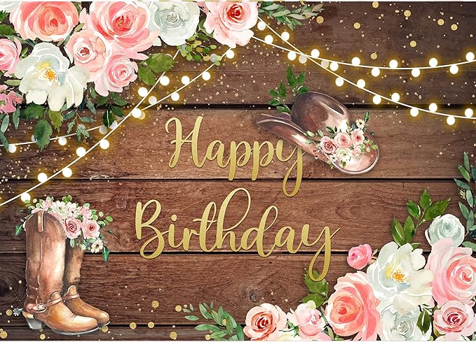 SVBright Cowgirl Birthday Backdrop for Woman 7Wx5H Western Rustic Country Wooden Plank Pink Flower Happy Birthday Baby Shower Wood Hat Retro Decoration Photography Background Banner Photo Booth Studio