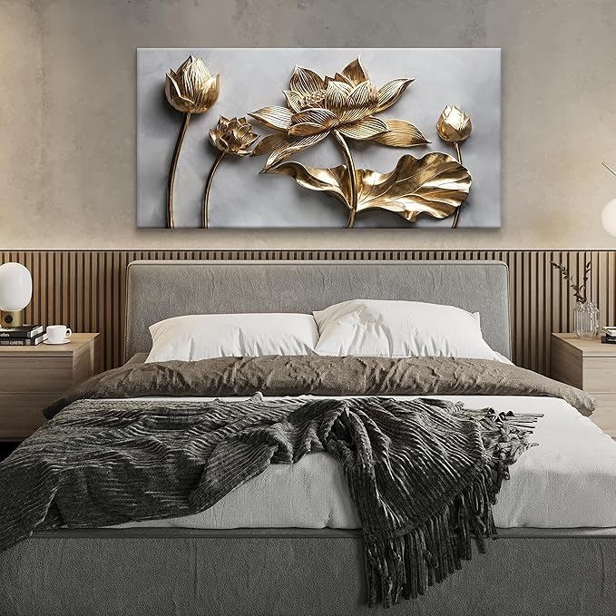 Floral Wall Art For Living Room Modern Canvas Art Wall Decor Print Painting Prints Pictures Gold Flower Wall Art Picture For Bedroom Hotel Home Wall Decor 24 X 48 Inch