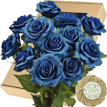FiveSeasonStuff Silk Roses Artificial Flowers for Decoration, Home Decor Centerpiece for Tables, Wedding Bridal Bouquet of Flowers Real Touch Roses 12 Stems (Royal Blue)