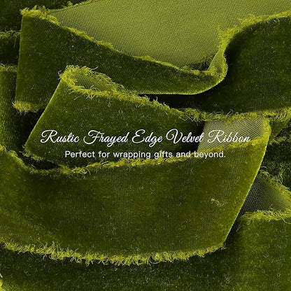 MAYREEL 2 Inch Moss Green Velvet Ribbon Hand Torn Olive Silk Frayed Edge for Bridal Bouquets Invitations Wedding Vow Books Gift Baskets Hair Bows 3 Yards