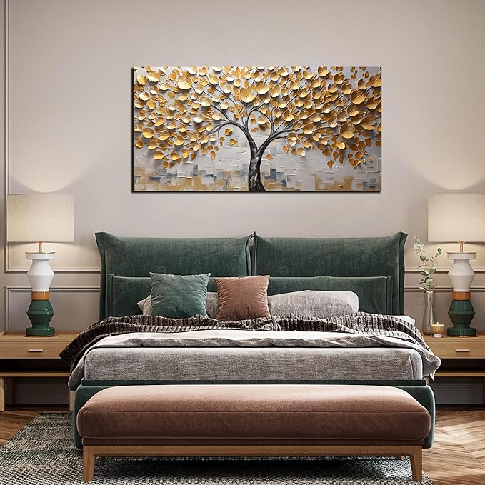 Tree Pictures Wall Decor for Living Room Yellow Canvas Wall Art for Bedroom Large Abstract Wall Art for Office Size 29" x 58"