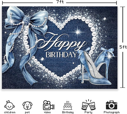 Denim and Diamonds Bow Backdrop 7Wx5H Photography Blue Coquette Happy Birthday for Women Girls Birthday Banner Background Silver High Heels Party Decorations Banner Photo Booth Props Supplies