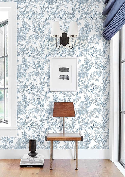Peel and Stick Wallpaper Blue and White Floral Wall Paper for Bedroom Blue Contact Paper for Cabinets Self-Adhesive Removable Wallpaper for Bathroom Kitchen Wall Decor 197"x17.3"