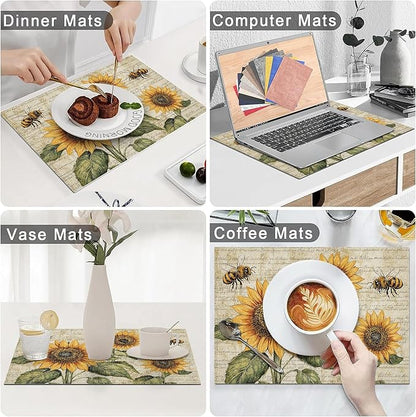 Vintage Sunflower Bee Placemats Set of 6 Washable Table Mats Rustic Spring Summer Floral Heat-Resistant Cotton Linen Place Mats for Dining Table Kitchen Indoor Outdoor Party Holiday Decor