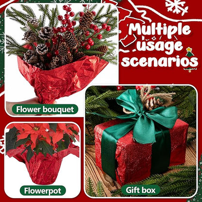 Adnee 2 Roll 10 Yard Floral Foil Plant Pot Covers,Matte Texture Christmas Plant Pot Foil,Red Floral Pot Wrapping Paper for Christmas Home Flower Pot DIY decor