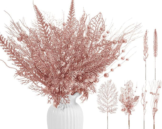 30 Pcs Artificial Christmas Tree Picks and Sprays Glitter Berry Stem Branches Holly Floral Picks Twigs Christmas Tree Ornaments for DIY Xmas Wreath Vase Filler Decorations (Rose Gold)