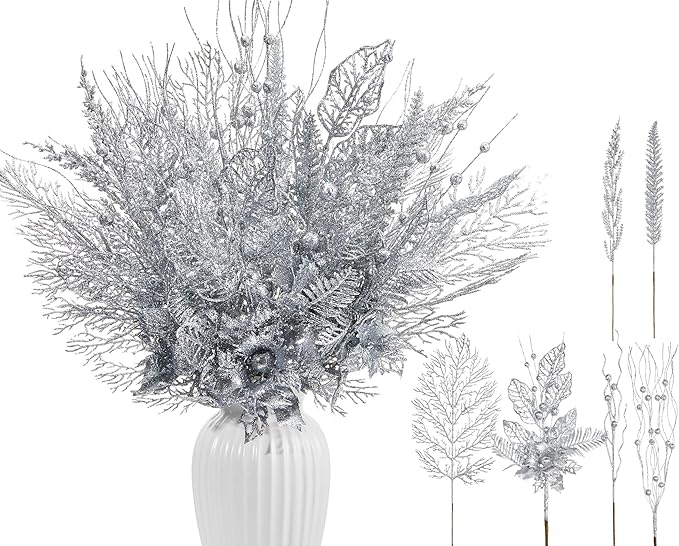 30 Pcs Artificial Christmas Tree Picks and Sprays Glitter Berry Stem Branches Holly Floral Picks Twigs Christmas Tree Ornaments for DIY Xmas Wreath Vase Filler Decorations(Silver)