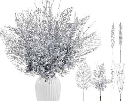 30 Pcs Artificial Christmas Tree Picks and Sprays Glitter Berry Stem Branches Holly Floral Picks Twigs Christmas Tree Ornaments for DIY Xmas Wreath Vase Filler Decorations(Silver)