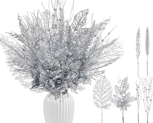 30 Pcs Artificial Christmas Tree Picks and Sprays Glitter Berry Stem Branches Holly Floral Picks Twigs Christmas Tree Ornaments for DIY Xmas Wreath Vase Filler Decorations(Silver)