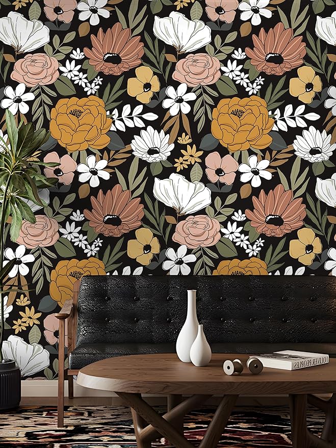 Floral Peel and Stick Wallpaper Black Removable Wallpaper Dark Boho Renter Friendly Textured Wallpapers for Bedroom Stick On Contact Paper for Locker Cabinet 17.5 x 118 in