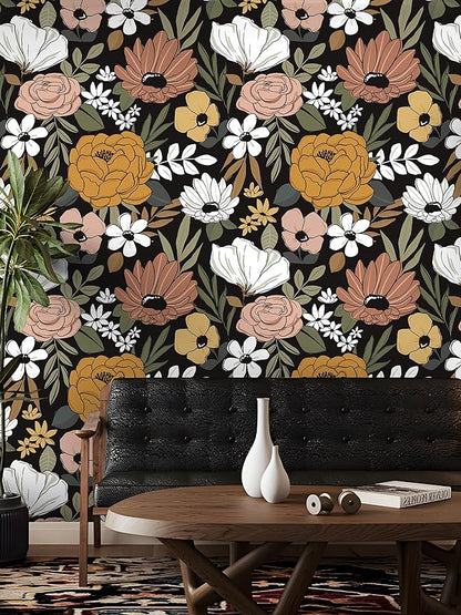 Floral Peel and Stick Wallpaper Black Removable Wallpaper Dark Boho Renter Friendly Textured Wallpapers for Bedroom Stick On Contact Paper for Locker Cabinet 17.5 x 118 in