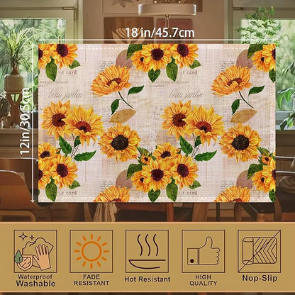 Yellow Watercolor Sunflowers Placemats Set of 6, 12x18 Inch Waterproof Stain Resistant Linen Table Placemats Summer Seasonal Farmhouse Kitchen Party Decor Home Decor