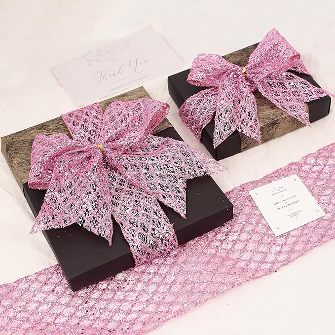 VATIN 4" Pink Christmas Ribbon, Pink Glitter Mesh Diamond Web Sequin Dots Wired Christmas Ribbon for Gift Wrapping Bow Making Wreath Supply-10 Yards