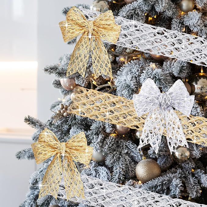 Geosar 20 Yards Gold Silver Glitter Mesh Wired Ribbon for Christmas Tree Decorations, Gift Wrapping, DIY Craft, Xmas Wreaths, Cabinet Decor (2.5 Inch)