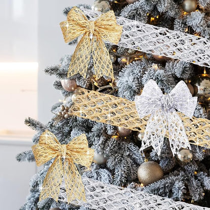 Geosar 20 Yards Gold Silver Glitter Mesh Wired Ribbon for Christmas Tree Decorations, Gift Wrapping, DIY Craft, Xmas Wreaths, Cabinet Decor (2.5 Inch)