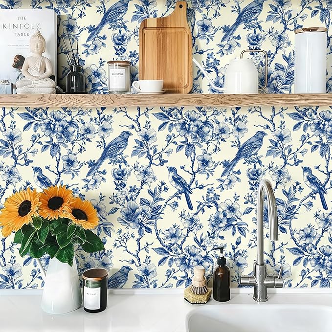 Floral Peel and Stick Vintage Animal Wallpaper Blue Bird Removable Botanical Leaf 17.7" x 118.11" Wall Paper Watercolor Self Adhesive Contact Paper for Classroom Bedroom Laundry Room Bathroom
