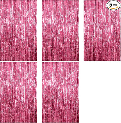 5 Pack Foil Curtain Backdrop Pink Metallic Tinsel Foil Fringe Curtains Photo Booth Props for Birthday Wedding Engagement Baby Shower Bachelorette Christmas Holiday Celebration Party Decorations