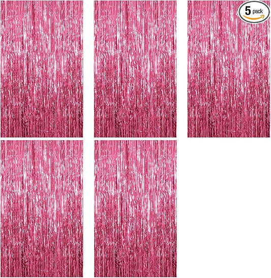 5 Pack Foil Curtain Backdrop Pink Metallic Tinsel Foil Fringe Curtains Photo Booth Props for Birthday Wedding Engagement Baby Shower Bachelorette Christmas Holiday Celebration Party Decorations