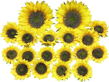 Artificial Flower 18pcs Three Different Sizes of Silk Sunflower Heads Real Looking Fake Sunflower for Hat Trim Cake Flower Home Décor Flower Wall Fence Wreath Wedding Baby Shower(Yellow)