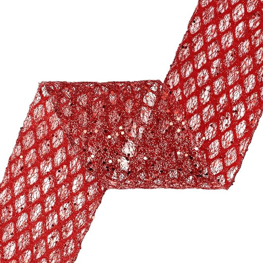 VATIN 4" Red Fall Ribbon, Red Glitter Mesh Diamond Web Sequin Dots Wired Christmas Ribbon for Gift Wrapping Bow Making Wreath Supply-10 Yards