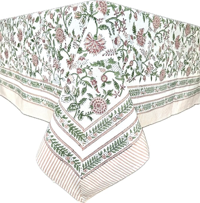 ATOSII Mahoka Rust 100% Cotton Square Fall Tablecloth, Handblock Floral Linen Table Cloth for Kitchen Dining Table I Parties Weddings Outdoors Easter Valentine's Gift I 60 X 90 Inches I 6 Seater
