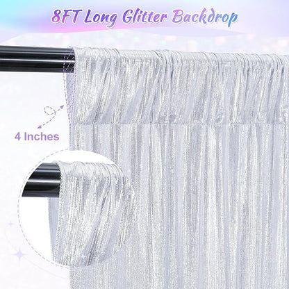 Silver Photo Backdrop 2 Panels 4.8x8FT Long Backdrop Drapes Curatin Glitter Sequin Background with Rod Pockets for Party Birthday Wedding Photography
