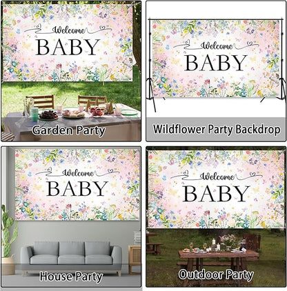 Wildflower Baby Shower Decorations Banner - Floral Welcome Baby Backdrop Party Supplies, Flower Theme Photo Background for Birthday Baby Shower Gender Reveal (72.8 x 35.4 inch)