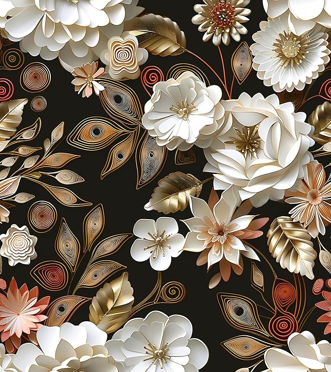 White Gold Floral Wallpaper Peel and Stick Dark Flower Contact Paper 17.5in x 393in Vintage Wallpaper Vinyl Waterproof Self Adhesive Boho Leaf Botanical Wall Paper for Bedroom Cabinet Table Decoration
