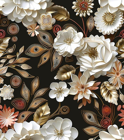 White Gold Floral Wallpaper Peel and Stick Dark Flower Contact Paper 17.5in x 393in Vintage Wallpaper Vinyl Waterproof Self Adhesive Boho Leaf Botanical Wall Paper for Bedroom Cabinet Table Decoration