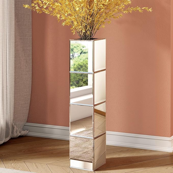 Tall Floor Vase, 28 inch Mirrored Vases for Floor Home Decorative Large Cube Vase Silver for Dried Flower Modern Glass Vases for Living Room