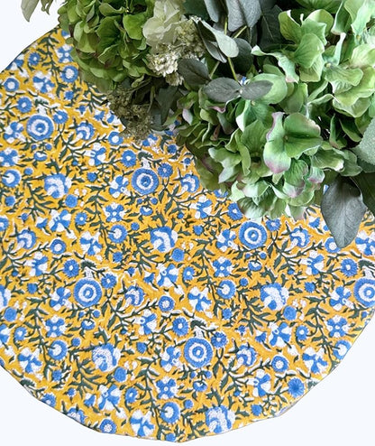 ATOSII Marigold Blue100% Cotton Round Tablecloth, Block Print Floral Table Cloth for Dining, Parties, Weddings, Outdoors, Holidays I 90" Inches, 6 Seater I Grandmillennial Farmhouse Spring Summer Boho