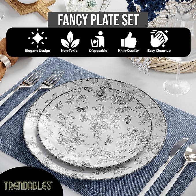 Trendables Plastic Plates For Party Supplies, Floral Disposable Plates For Party & Weddings 80 Pcs - 40 x 8 Dessert Plates & 40 x 10 Plastic Dinner Plates, Plate Set Disposable Dinnerware Sets