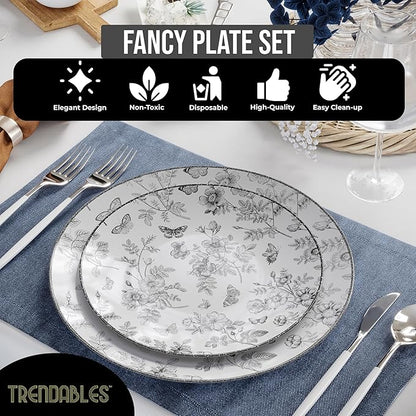 Trendables Plastic Plates For Party Supplies, Floral Disposable Plates For Party & Weddings 80 Pcs - 40 x 8 Dessert Plates & 40 x 10 Plastic Dinner Plates, Plate Set Disposable Dinnerware Sets