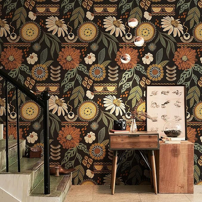 JiffDiff Boho Peel and Stick Wallpaper Vintage Floral Wall Paper Removable Sun Flower Contact Paper Bathroom Bedroom Renter Friendly Wall Mural 17.3" x 800"
