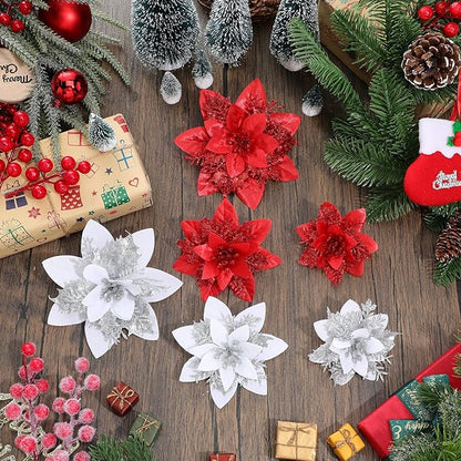 Geosar 24 Christmas Glitter Artificial Poinsettia Flowers Xmas Poinsettia Wedding Flowers Decorations Xmas Tree Ornaments with Clips for Party Favors, 6 Inch, 4 Inch, 3 Inch(Red and Sliver)