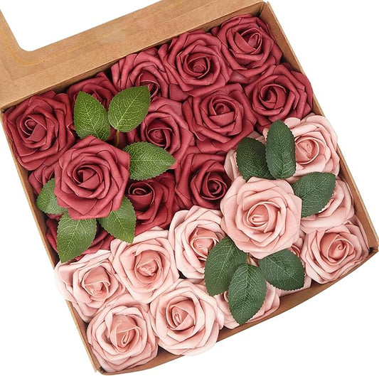 Artificial Flowers, 50pcs Hot Pink and Blush Artificial Rose for DIY Wedding Bouquets Centerpieces Arrangements, Fake Flower with Stem for Party Home Decorations