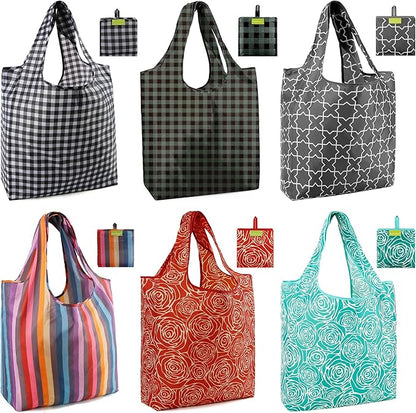 BeeGreen Geometry Reusable Grocery Bags 6 Pack, Heavy Duty Totes for Women, Foldable Grocery Bag Large Shopping Totes with Handles for Work, Travel, Gift, Store, Polyester Washable Reusable Tote Bag