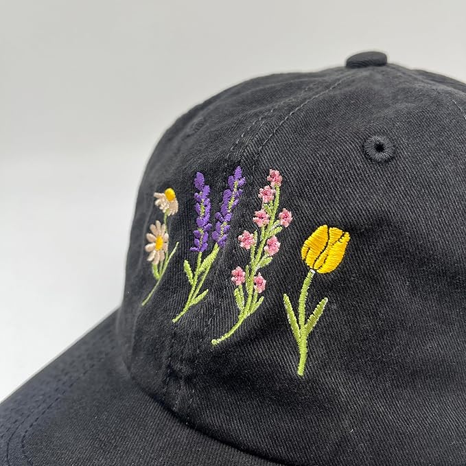 Cute Flower Hat, Elegant Floral Embroidered Adjustable Baseball Cap for Men Women, Gifts for Flower Lovers, Black