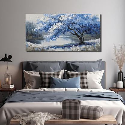JuhaiArt Blue Wall Art White Picture Art Scenery Wall Decor Tree Wall Art Canvas for Living Room Bedroom Home Office Prints Gray Artwork 24" x 48"