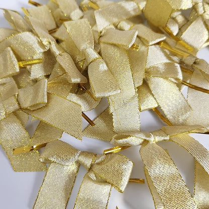 50pcs 2-1/2" Metallic Gold Bows for Crafts Pretaied Christmas Bows for Decoration with Twist Ties Hot Cut Tails(W.Gold)