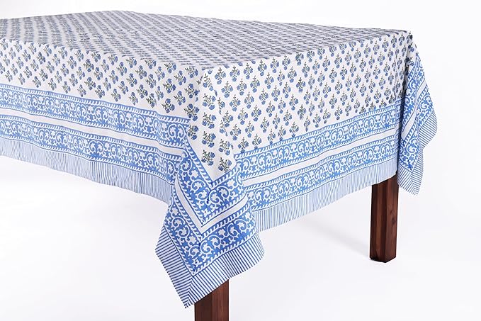 ATOSII Gulbahar Blue 100% Cotton Fall Rectangle Tablecloth, Hand Block Print Washable Table Cover, Christmas Parties Buffet Dining, Weddings, Thanksgiving Easter Home Decor, 60 X 90 Inches 6 Seater