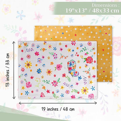 Maison d' Hermine Placemats Set of 4 100% Cotton Washable Cloth Place Mats, Reusable Table Mats for Kitchen Dining Decoration, Party, Restaurant Spring/Summer (Happy Florals - Sweety, 13" x 19")